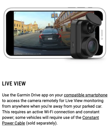 Garmin Dash Cam Live 24/7 Live View Always-Connected with Power